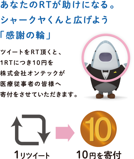 あなたのRTが助けになる。シャークヤくんと広げよう「感謝の輪」ツイートをRT頂くと、1RTにつき10円を株式会社オンテックが医療従事者の皆様へ寄付をさせていただきます。